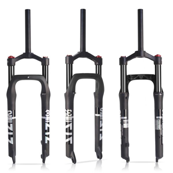 26 4.0 inch Fat Tire MTB Air Suspension Fork 120mm Travel 135mm Spacing Hub 9mm QR Crown Lockout Ultralight Mountain Bike Front Fork by B Bolany High-performance 28.6mm threadless tapered steerer, crown lockout; travel:120mm; QR:9 mm *135 mm, Brake type: Disc brakes. Lightweight and durable Aluminum alloy and magnesium alloy construction. Adjustable air pressure for a personalized riding experience. Eye-catching design with customizable stickers. Ergonomic comfort for long-distance rides.