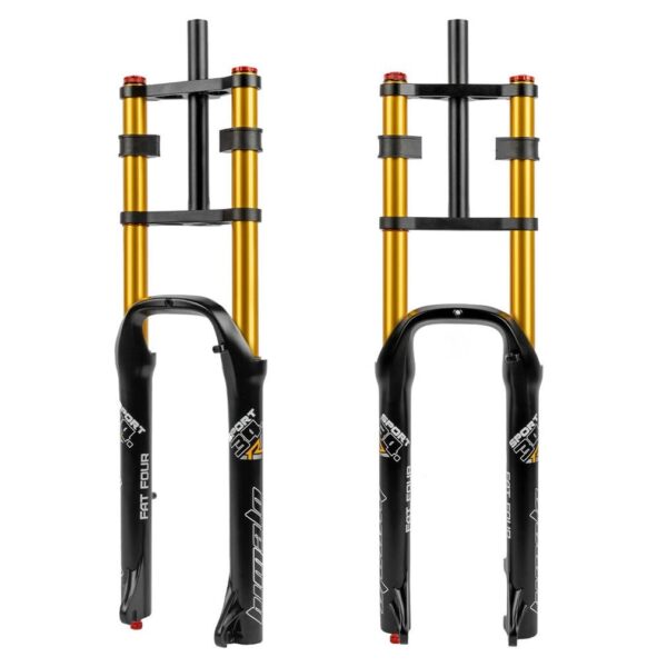 26 Bike Fat Fork Downhill Bike Air Suspension Fork Travel 160mm Straight Double Shoulder Fork Rebound Adjustable Manual Lock QR 9x135mmmax for 4.0 TireGold Brand HIMALO Size Enhance your biking experience with the 26'' Fat Bike Fork by HIMALO. Suitable for snow, electric, and MTB bikes, this air suspension fork features a double shoulder design, manual lockout, and adjustable damping for versatile terrain. Maximize stability with a shoulder height that can be freely adjusted. The fork is crafted from magnesium aluminum alloy for durability and better sealing. Compatible with 26x4.0'' tires, this fork ensures a smooth ride on various surfaces. Package includes 1 x 26 inch air suspension fork.