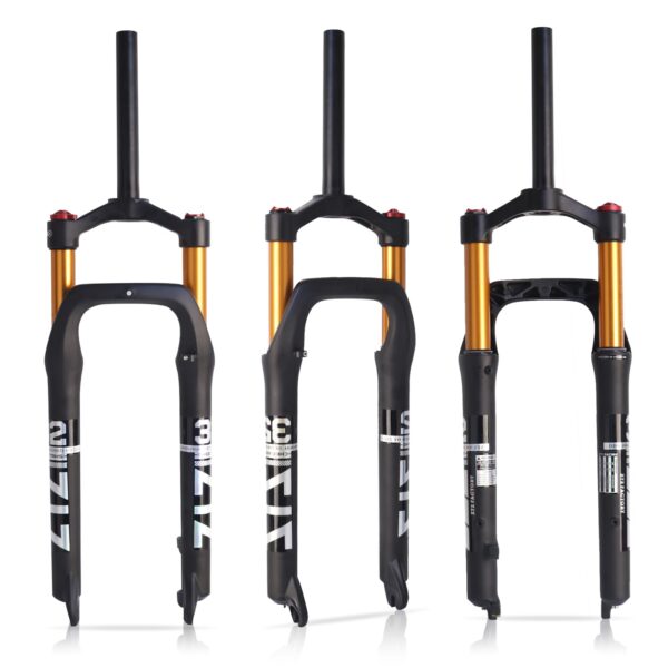 26 inch Mountain Bike Air Fork 120mm Travel MTB Suspension Forks Manual Lockout 1 18 Threadless Front Fork SnowBeachXC 4.0 Tire B Bolany High-performance Snow/Beach/Mountain bike fat air fork for comfortable riding. Aluminum alloy + Magnesium alloy material. Suitable for 26*4.0 Tires.