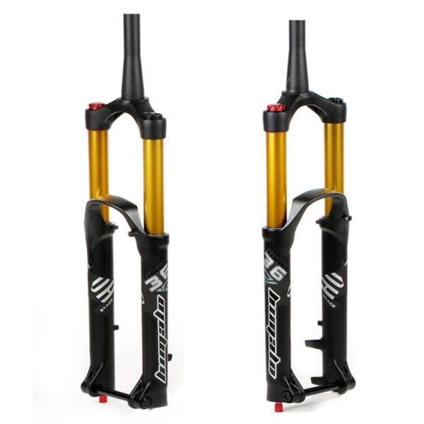 27.5 29 Mountain Bike Suspension Fork Downhill Bike Air Fork 160mm Travel Damping Adjustment XCAMDH Front Fork 1 12 Cone Tube Thru Axle 15 110mm Gold 27.5 Explore the 27.5 29 Mountain Bike Suspension Fork with 160mm travel, air shock absorber, and damping adjustment. Compatible with 27.5/29-inch disc brakes mountain bikes. Ensure a smooth ride with manual control and dust-proof features.