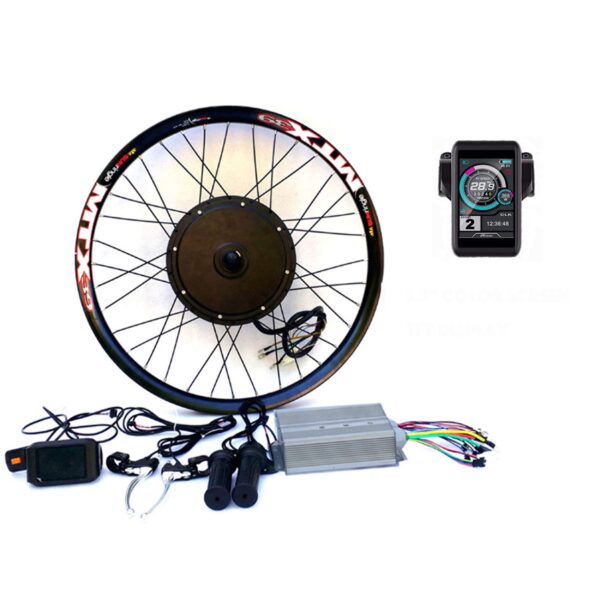 3.5 TFT Display 3000W Hi Speed Electric MTB Bicycle E Bike Hub Motor Conversion Kit Brand theebikemotor Size 26 MTX Rear Wheel Upgrade your biking experience with this 3000W electric bike conversion kit. Includes motor, rim with tire, controller, throttle, brake lever, TFT display, and gear. Reach speeds of 50-55km/h with 45N./M torque for hill climbing. German quality components ensure reliability.