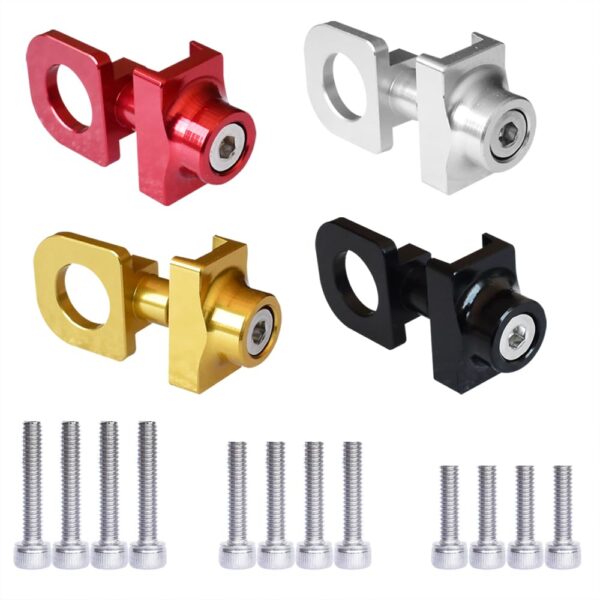 4 Sets Bike Chain Adjuster 4 Colors Bicycle Chain Tensioners Fixing Buckle Wheel Fastener Cycling Regulator Aluminum Alloy Black Red Gold Silver for Single Speed Bike by Pirhosigma Pirhosigma presents 4 Sets of Bike Chain Adjuster in Black, Red, Gold, and Silver. Made of high-quality Aluminum Alloy, these tensioners are lightweight, rust-resistant, and easy to install. Suitable for single-speed bikes.