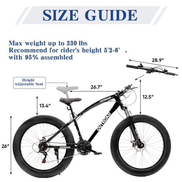 610xT jLH9L Conquer any terrain with the Max4out 26" Fat Tire Mountain Bike. Its 21-speed gear system offers versatile performance, while the fat tires provide stability and traction. With a sturdy carbon steel frame and reliable disc brakes, this bike is built for rugged off-road adventures.