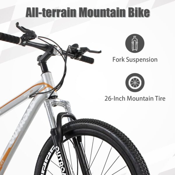 612o pZ194L Conquer any terrain with ease on this 26" Mountain Bike featuring a solid Aluminum Alloy Frame, 21-speed shifter, and dual disc brakes for ultimate safety and control. Perfect for riders 5'2"-6' tall, weighing up to 330 lbs.