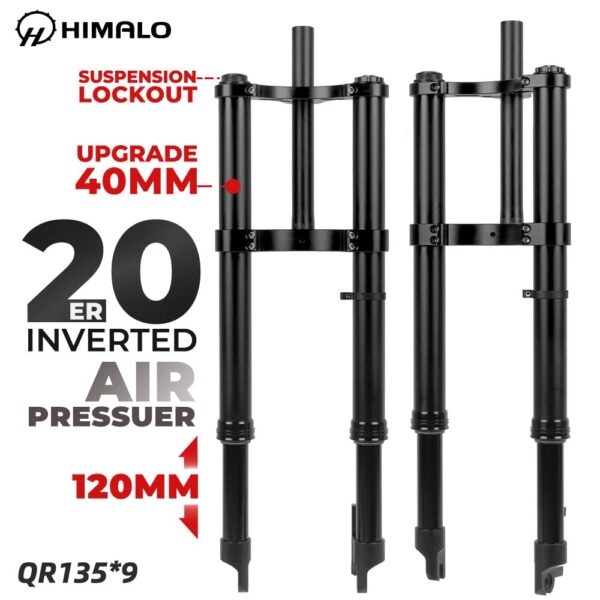 61JvThUgogL Enhance your fat bike's performance with this 20-inch Inverted Air Suspension by HIMALO. Designed for 20x4.0 tires, QR version for easy installation.