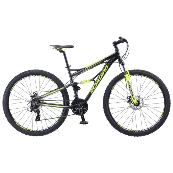 61QHPBMQGIL "Experience the thrill of the Schwinn Traxion Mountain Bike with 29-inch wheels, full suspension, and 24-speed shifters. The durable aluminum frame, high-performance suspension fork, and mechanical disc brakes ensure a smooth and confident ride on any terrain."