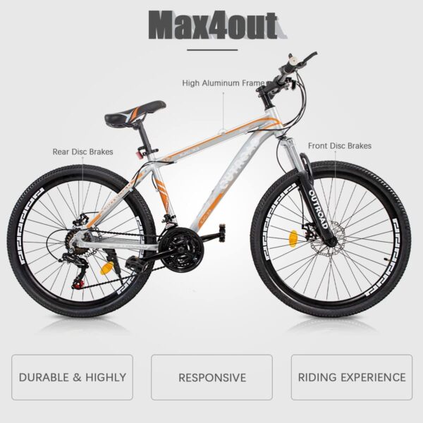 61fWb59MWGL Conquer any terrain with ease on this 26" Mountain Bike featuring a solid Aluminum Alloy Frame, 21-speed shifter, and dual disc brakes for ultimate safety and control. Perfect for riders 5'2"-6' tall, weighing up to 330 lbs.