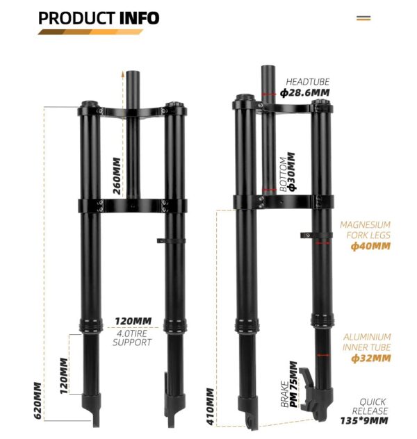 61iLEoCD6sL Enhance your fat bike's performance with this 20-inch Inverted Air Suspension by HIMALO. Designed for 20x4.0 tires, QR version for easy installation.