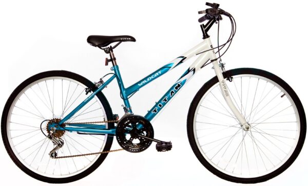 61yIXQor6KL The Titan Wildcat Ladies Mountain Bike offers 18-speed gearing, V-brakes, and adjustable saddle height for a comfortable and durable ride. Perfect for commuting or leisurely rides, this bike is designed for women and teen girls.