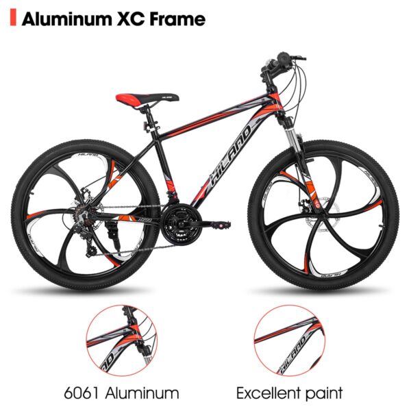 61yct4mqLnL Conquer any terrain with the Hiland H200 Mountain Bike! Ideal for beginners, this bike features a lightweight aluminum frame, Shimano 21-speed drivetrain, and dual disc brakes. Get ready for an adventure!