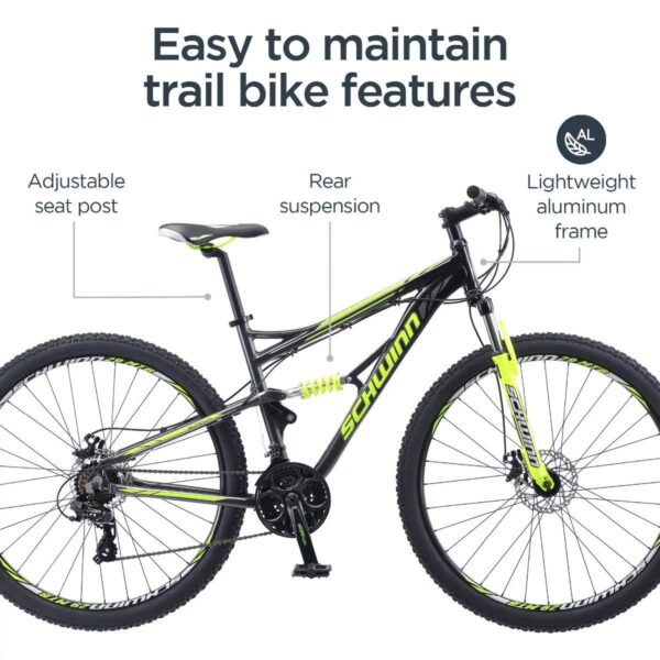 715zt8IiQ7L "Experience the thrill of the Schwinn Traxion Mountain Bike with 29-inch wheels, full suspension, and 24-speed shifters. The durable aluminum frame, high-performance suspension fork, and mechanical disc brakes ensure a smooth and confident ride on any terrain."