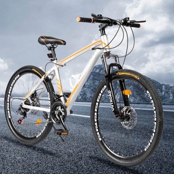 716slQkMY L Conquer any terrain with ease on this 26" Mountain Bike featuring a solid Aluminum Alloy Frame, 21-speed shifter, and dual disc brakes for ultimate safety and control. Perfect for riders 5'2"-6' tall, weighing up to 330 lbs.