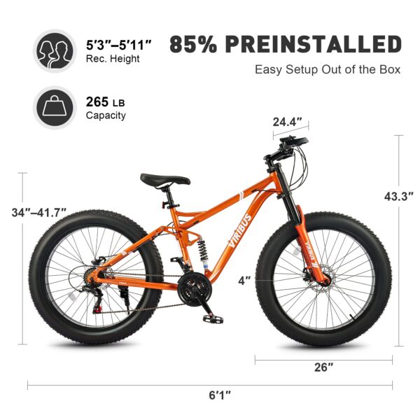 717EhOJICZL Conquer any terrain with the Viribus 26" Full Suspension Fat Tire Mountain Bike. Featuring a durable aluminum alloy frame, Shimano 21-speed gear system, and powerful disc brakes for a safe and comfortable ride. Includes gloves and light.