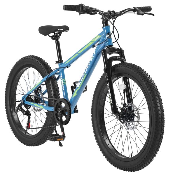 719viZWfI4L Conquer any terrain with this 24-inch Fat Tire Mountain Bike. Featuring shock-absorbing forks, 7-speed transmission, and double disc brakes for safety. Enjoy a comfortable and thrilling ride!