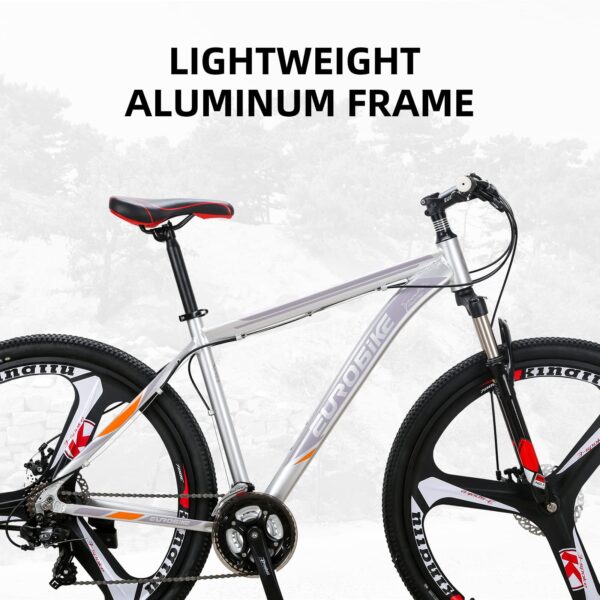 71AtIPMoJkL Enjoy the Eurobike 29” / 27.5" Mountain Bike with a lightweight aluminum frame and 21-speed Shimano shifters for smooth gear changes. The front suspension fork and disc brakes offer control on any terrain. Perfect for daily commutes or mountain trails.