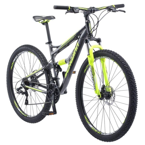 71BEsa G2dL "Experience the thrill of the Schwinn Traxion Mountain Bike with 29-inch wheels, full suspension, and 24-speed shifters. The durable aluminum frame, high-performance suspension fork, and mechanical disc brakes ensure a smooth and confident ride on any terrain."