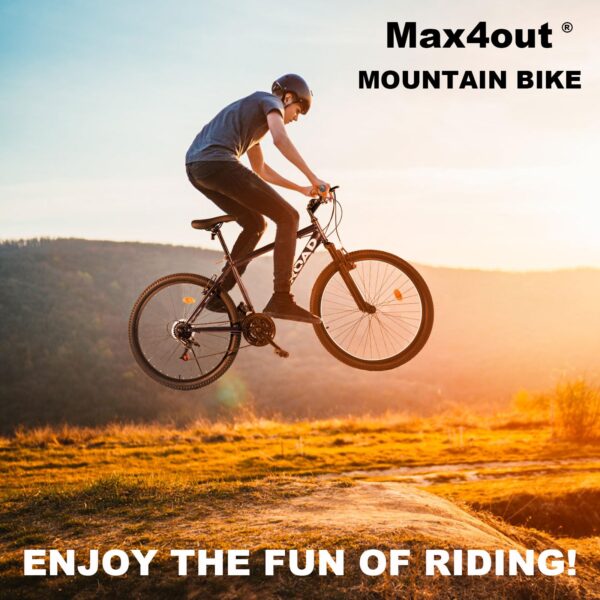 71CUumGz78L Experience the thrill with the Max4out 26'' Mountain Bike! 21-speed shift, front suspension, and double disc brakes offer safety and control. Easy assembly in 15-20 minutes.