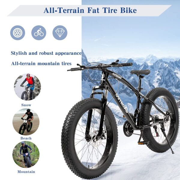 Conquer any terrain with the Max4out 26" Fat Tire Mountain Bike. Its 21-speed gear system offers versatile performance, while the fat tires provide stability and traction. With a sturdy carbon steel frame and reliable disc brakes, this bike is built for rugged off-road adventures.