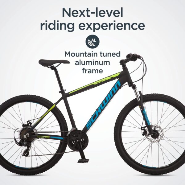 71OG34qvtDL Conquer new trails with the Schwinn Mesa 2 Mountain Bike! Ideal for riders 5’2” to 5’6”, featuring a mountain-tuned aluminum frame, 21-speed drivetrain, and responsive disc brakes.