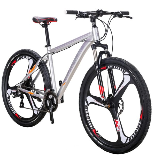 71UrDea1 dL Enjoy the Eurobike 29” / 27.5" Mountain Bike with a lightweight aluminum frame and 21-speed Shimano shifters for smooth gear changes. The front suspension fork and disc brakes offer control on any terrain. Perfect for daily commutes or mountain trails.