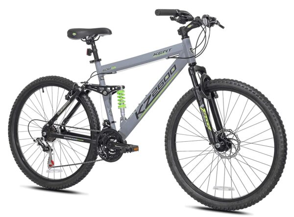 71eF f7GsaL Conquer any trail with the Kent 26" KZ2600 Full Suspension Mountain Bike. Featuring a durable aluminum frame, 21-speed Shimano gears, and front disc brakes for ultimate control. Ride in style and comfort with this versatile mountain bike.