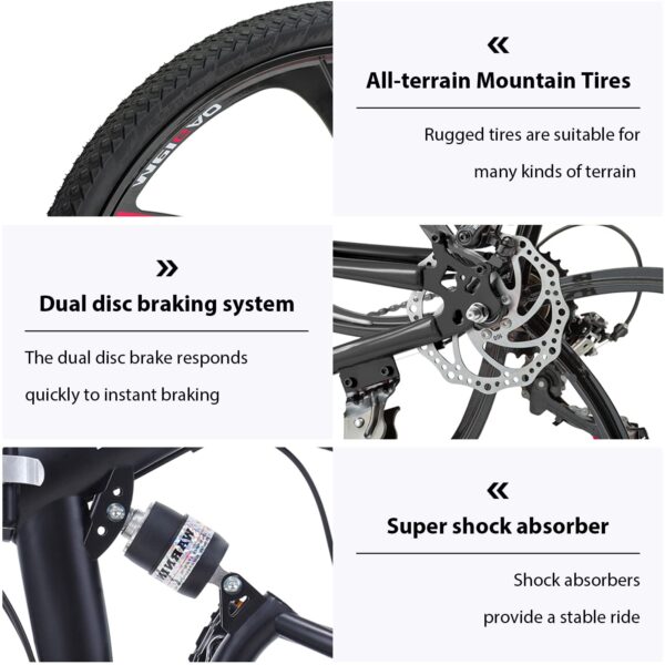 71ypvlvquuL Explore the outdoors with the Max4out 26-inch Folding Mountain Bike. With a high carbon steel frame, 21-speed gears, and dual suspension, this bike offers a comfortable and thrilling riding experience. Easily foldable for portability, this bike also features anti-skid tires for excellent grip and front and rear disc brakes for safety. Get additional accessories like warning lights and fenders for free with this bike!