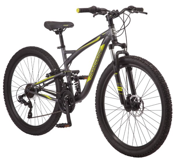 81 6 RbN06L Conquer any terrain with the Mongoose Status Mountain Bike. Lightweight aluminum frame, 21-speed, front disc brake, and rear V-brake for precise stopping power. 27.5-inch wheels for stability. Easy height adjustments with quick release saddle.