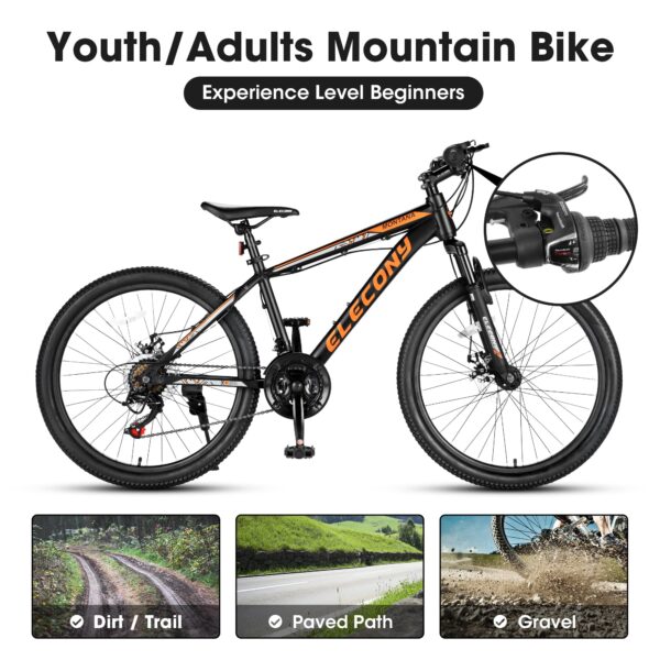 813SclajX5L Experience the ultimate ride with our 24" Mountain Bike! Featuring an Aluminum Frame for strength and agility, 21 Speed Drivetrain for smooth gear shifts, and Powerful Dual Disc Brakes for precise control.