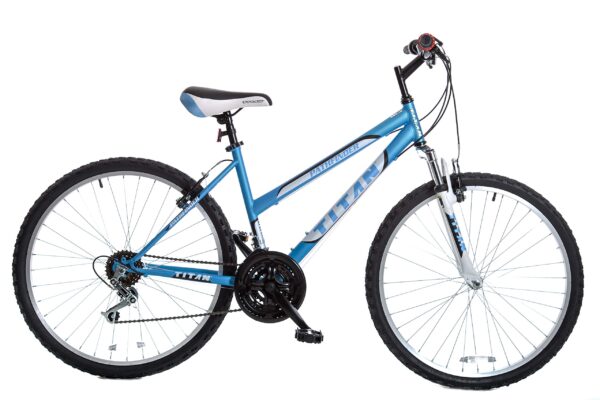 8152RppNnAL Conquer any trail with the Titan Women's 18-Speed Pathfinder Mountain Bike. Featuring a sturdy steel frame, 18 speeds, and reliable front suspension fork, this bike is ready for off-road adventures. The 26-inch alloy wheels with grip shifting system ensure smooth gear changes. Get yours today!