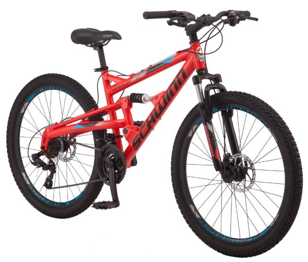 816pS4ODrvL Ride with confidence on the Schwinn Protocol Men and Women Mountain Bike. Lightweight aluminum frame, full suspension, and 21-speed drivetrain for smooth rides. Choose from 26" or 27.5" wheel options.