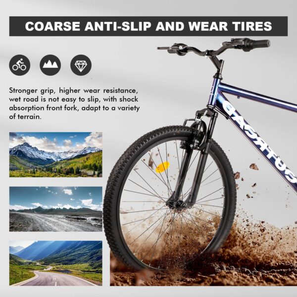 Experience the thrill with the Max4out 26'' Mountain Bike! 21-speed shift, front suspension, and double disc brakes offer safety and control. Easy assembly in 15-20 minutes.