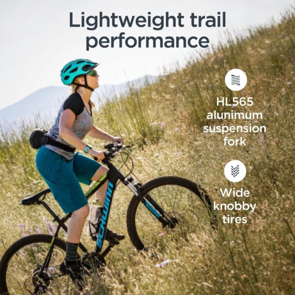 817VQj0X4oL Conquer new trails with the Schwinn Mesa 2 Mountain Bike! Ideal for riders 5’2” to 5’6”, featuring a mountain-tuned aluminum frame, 21-speed drivetrain, and responsive disc brakes.