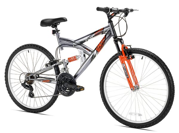 81ByZHeJPML Conquer any trail with the Northwoods Aluminum Full Suspension Mountain Bike. Featuring a 26" aluminum frame, 21-speed twist shifters, and Shimano rear derailleur, this bike offers a smooth ride with precise gear changes. Tackle rough terrains with confidence and style.