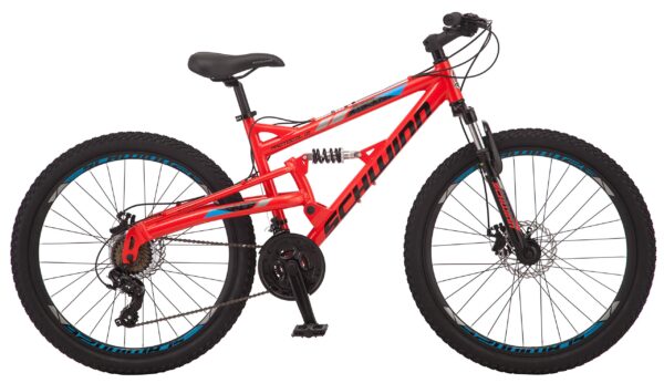 81Fb7KY8y L Ride with confidence on the Schwinn Protocol Men and Women Mountain Bike. Lightweight aluminum frame, full suspension, and 21-speed drivetrain for smooth rides. Choose from 26" or 27.5" wheel options.