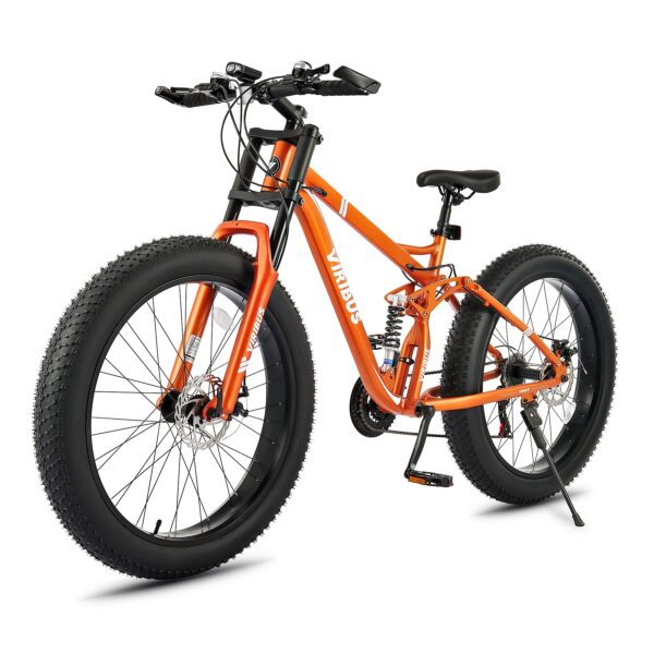 81IssMcSsWL Conquer any terrain with the Viribus 26" Full Suspension Fat Tire Mountain Bike. Featuring a durable aluminum alloy frame, Shimano 21-speed gear system, and powerful disc brakes for a safe and comfortable ride. Includes gloves and light.