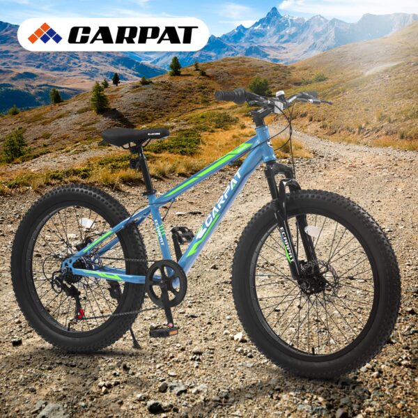 Conquer any terrain with this 24-inch Fat Tire Mountain Bike. Featuring shock-absorbing forks, 7-speed transmission, and double disc brakes for safety. Enjoy a comfortable and thrilling ride!