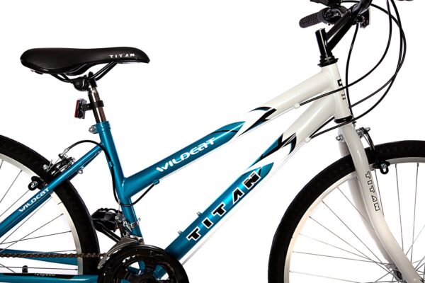 81TcUhAcXsL The Titan Wildcat Ladies Mountain Bike offers 18-speed gearing, V-brakes, and adjustable saddle height for a comfortable and durable ride. Perfect for commuting or leisurely rides, this bike is designed for women and teen girls.