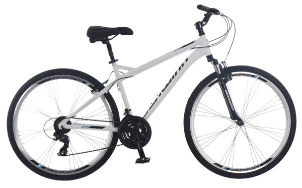 81TuOifkIYL Experience a smooth ride with the Schwinn Network 3.0 Hybrid Bike. Featuring an 18-inch alloy frame, 21-speed shifters, alloy linear pull brakes, and suspension seat post for ultimate comfort. Ride with confidence and style.