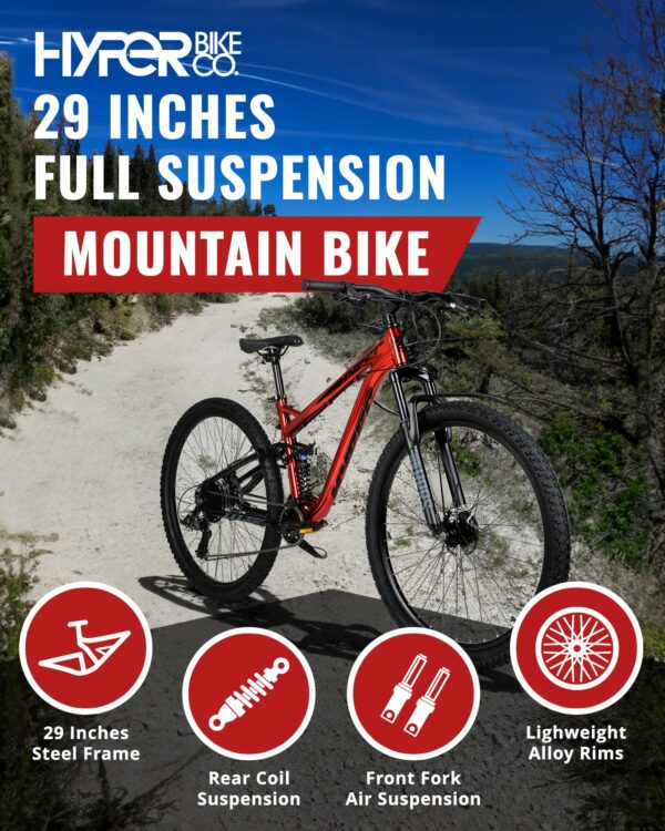 81Zdz3BXkGL Explore the trails with confidence on our Hyper Mountain Bike. Featuring a 29-inch lightweight aluminum frame, Shimano 9-speed shifters, and full suspension for a smooth ride. Conquer any terrain in style!