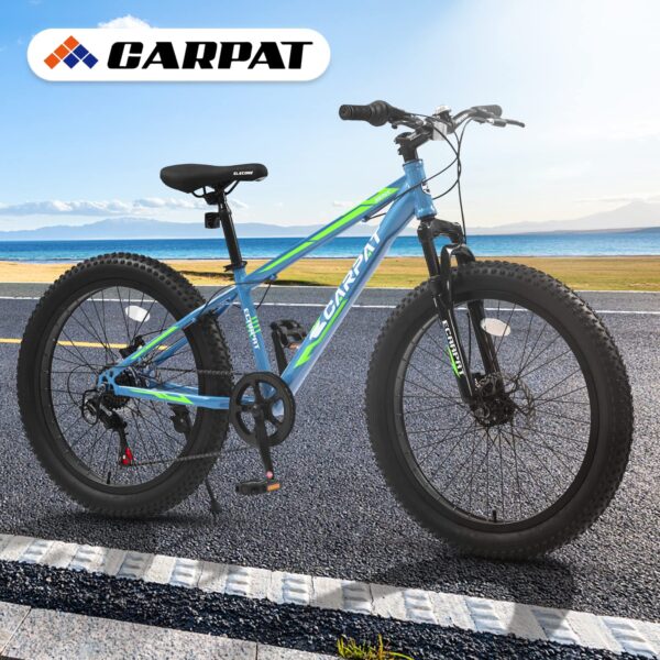 81a9ZIBdPJL Conquer any terrain with this 24-inch Fat Tire Mountain Bike. Featuring shock-absorbing forks, 7-speed transmission, and double disc brakes for safety. Enjoy a comfortable and thrilling ride!