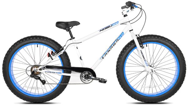 81biMkg9n5L Explore the outdoors with Takara Nobu Fat 26" Bike in White/Blue. This bike features a sturdy frame, 26"x4" fat tires, Shimano derailleurs, and shifters for a smooth ride. With front and rear hand brakes, it offers safety and control. Perfect for riders 5'6" to 6'.