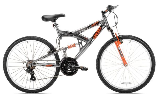 81k3luAA3OL Conquer any trail with the Northwoods Aluminum Full Suspension Mountain Bike. Featuring a 26" aluminum frame, 21-speed twist shifters, and Shimano rear derailleur, this bike offers a smooth ride with precise gear changes. Tackle rough terrains with confidence and style.