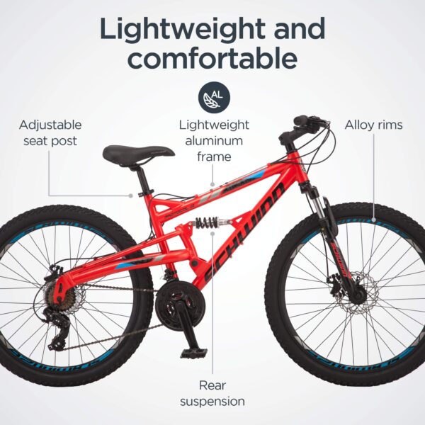 81paAssTGgL Ride with confidence on the Schwinn Protocol Men and Women Mountain Bike. Lightweight aluminum frame, full suspension, and 21-speed drivetrain for smooth rides. Choose from 26" or 27.5" wheel options.