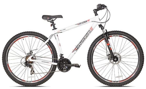 911D5Ugo RL Conquer any terrain with the Kent Hawkeye Mountain Bike. Featuring a lightweight 18.5" aluminum frame, 21-speed Shimano Shifters, and front & rear disc brakes for ultimate control. Suitable for riders 5'7" - 6'2".