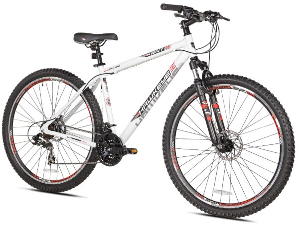 91uu2Bj5vKL Conquer any terrain with the Kent Hawkeye Mountain Bike. Featuring a lightweight 18.5" aluminum frame, 21-speed Shimano Shifters, and front & rear disc brakes for ultimate control. Suitable for riders 5'7" - 6'2".