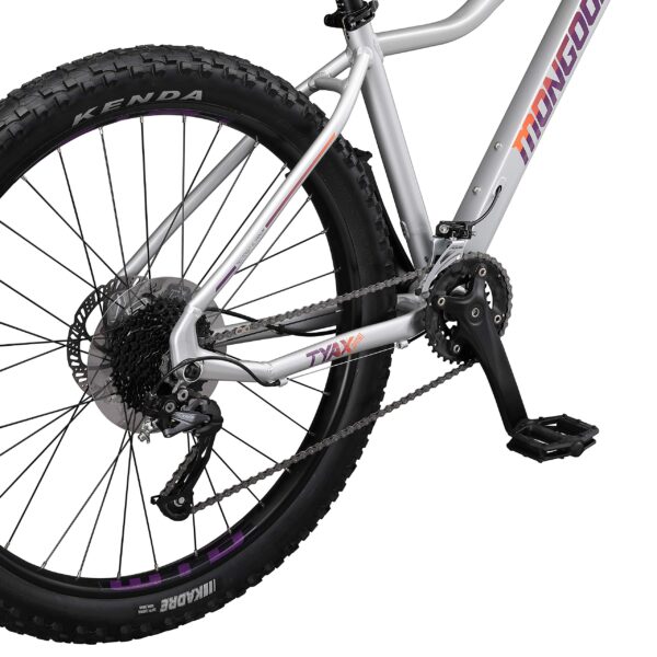 Conquer rugged trails with the Mongoose Tyax Comp Mountain Bike. Lightweight aluminum frame, 18-speed drivetrain, and hydraulic disc brakes for superior performance. Find your perfect fit with 27.5-29" wheels.