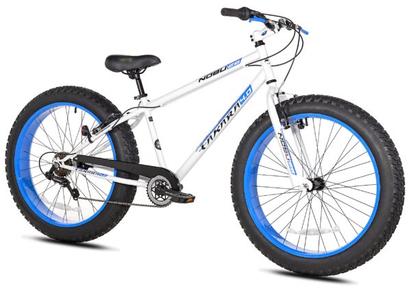 Explore the outdoors with Takara Nobu Fat 26" Bike in White/Blue. This bike features a sturdy frame, 26"x4" fat tires, Shimano derailleurs, and shifters for a smooth ride. With front and rear hand brakes, it offers safety and control. Perfect for riders 5'6" to 6'.