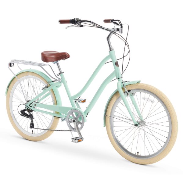 AO Frida Womens Bicycle 7 Speed Step Through Touring Hybrid Bike Mint Green Embark on your journey in style with the A/O Frida Women's Bicycle. This hybrid bike is perfect for versatile rides, offering comfort and ergonomic design. Whether cruising, commuting, or leisurely biking, this bike is your ideal companion. The 7-speed design allows for easy handling over various terrains, while the sleek curvy frame and quality tires ensure a stable and cushioned ride. Experience the perfect blend of style and functionality with the A/O Frida Women's Bicycle.