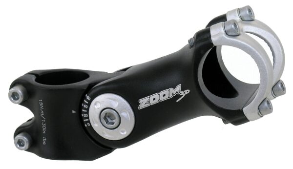 Adjustable Ahead Bicycle Stem by Zoom 10525.4mm Alloy 3D forged 0 60 degrees Project your handlebars with this adjustable angle ahead-stem by Zoom. Made of 3D forged alloy, matte black finish with silver top clamp.