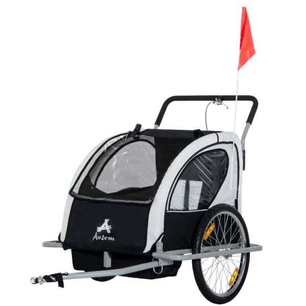 Aosom Elite Three Wheel Bike Trailer for Kids Bicycle Cart 2 Children 88lbs Bring your kids along on biking adventures with the Aosom Elite Three-Wheel Bike Trailer. This bike cart seats up to 2 children or ample space for groceries. Safety features include a 5-point harness and a removable canopy for protection. The trailer also offers a large storage area for your essentials.